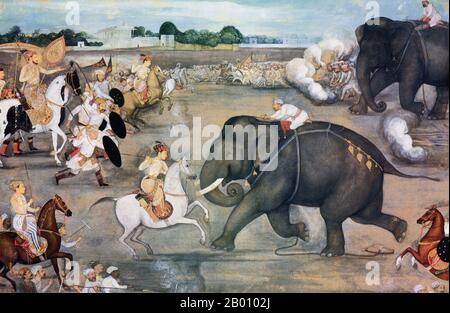 Indien: Der Hof von Shah Jahan liebte Elefantenkämpfe. In diesem Gemälde, ein Elefant namens Sudhakar Gesichter unten die Kräfte des Prinzen Aurangzeb, 1636. Während der Regierungszeit von Shah Jahan (1626-58) als Kaiser, folgte ein Erbfolgekrieg auf den Mughal Thron. Der jüngste Sohn des Kaisers und der Gouverneur von Deccan, Abu Muzaffar Muhiuddin Aurangzeb, gehörten zu den Protagonisten und war der ultimative Sieger in diesem Krieg nach der Absetzung seines Vaters. Stockfoto