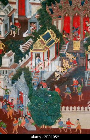 Thailand: Wandbild, Wat Saket und der Goldene Berg, Bangkok. Wat Saket Ratcha Wora Maha Wihan (gewöhnlich Wat Saket) stammt aus der Ayutthaya-Ära, als er Wat Sakae genannt wurde. König Rama I (1736 - 1809) oder Buddha Yodfa Chulaloke hat den Tempel renoviert und ihn in Wat Saket umbenannt. Der Goldene Berg (Phu Khao Thong) ist ein steiler Hügel innerhalb des Wat Saket-Geländes. Es handelt sich nicht um einen natürlichen Aufschluss, sondern um einen künstlichen Hügel, der unter der Herrschaft von Rama III (1787 - 1851) oder König Jessadabodindra errichtet wurde. Stockfoto
