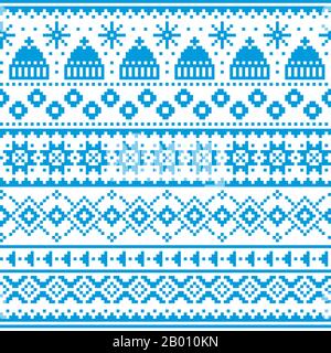 Winter, Weihnachten Fair Isle Stil traditionelle Strickwaren Vektor nahtlose Muster mit Winter Mützen und Schneeflocken Stock Vektor