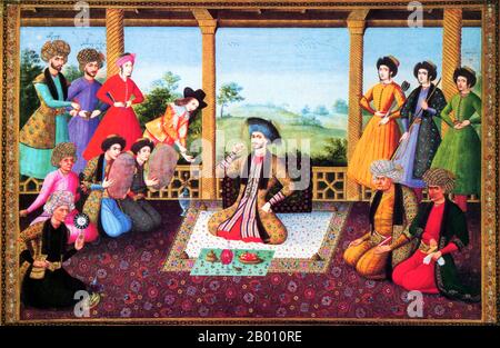 Iran: Ein Gemälde von Ali-Quli Jabbadar (1666-1694), das eine königliche Gartenpavillon-Szene aus dem 17th. Jahrhundert aus dem Hof des Safavid Shah Sulaiman zeigt. Die Safaviden waren eine der bedeutendsten Herrscherdynastien Persiens und gründeten die Twelver-Schule des schiitischen Islam als offizielle Religion ihres Reiches, was einen der wichtigsten Wendepunkte in der Geschichte des Islam markierte. Diese schiitische Dynastie hatte gemischte Abstammung: Kurdisch, aserbaidschanisch, georgisch und griechisch und regierte den Iran von 1501 bis 1722. Stockfoto