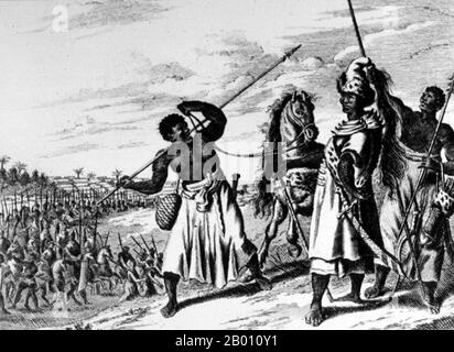 Nigeria: König von Benin mit Soldaten, Ende 17th Jahrhundert. Illustration von Olfert Dapper (1636-1689), Description de l'Afrique Traduite du Flamand, 1686. Stockfoto