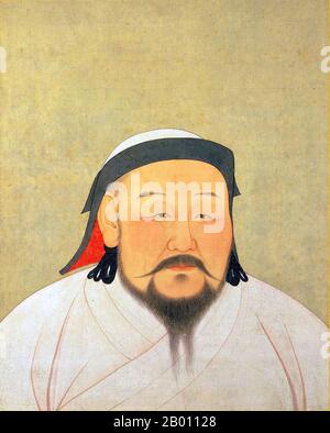 Mongolei/China: Kublai Khan (r,1260-1294), 5th Khagan des mongolischen Reiches. Gründer und erster Yuan Kaiser Shizu. Tusche auf Seidenalbum Portrait von Araniko (1244-1306), 1294. Kublai (oder Khubilai) Khan (Pinyin: Hūbìliè, (23. September 1215 – 18. Februar 1294) war der fünfte große Khan des mongolischen Reiches von 1260 bis 1294 und der Gründer der Yuan-Dynastie in Ostasien. Als zweiter Sohn von Tolui und Sorghaghtani Beki und Enkel von Dschingis Khan erhielt er den Titel Khagan des Ikh Mongol ULS (mongolisches Reich). 1271 gründete Kublai die Yuan-Dynastie und wurde Kaiser von China. Stockfoto