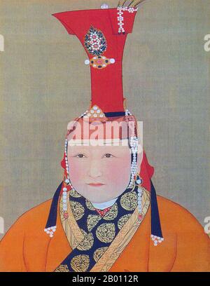 Mongolei/China: Eine namenlose kaiserliche Gemahlin des Yuan. Farbe und Tusche auf Seidenalbum Portrait von Araniko (1244-1306), 14. Jahrhundert. Khatun (Persisch; Türkisch: Hatun) ist ein weiblicher Adelstitel und entspricht dem männlichen 'khan', der im ersten türkischen Reich und im darauffolgenden mongolischen Reich prominent verwendet wurde. Es entspricht Königin oder Kaiserin. Stockfoto