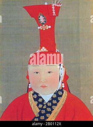 Mongolei/China: Eine namenlose kaiserliche Gemahlin des Yuan. Farbe und Tusche auf Seidenalbum Portrait von Araniko (1244-1306), 14. Jahrhundert. Khatun (Persisch; Türkisch: Hatun) ist ein weiblicher Adelstitel und entspricht dem männlichen 'khan', der im ersten türkischen Reich und im darauffolgenden mongolischen Reich prominent verwendet wurde. Es entspricht Königin oder Kaiserin. Stockfoto