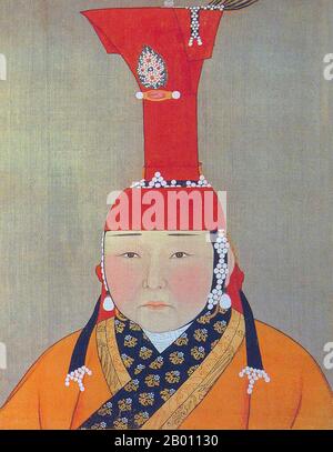 Mongolei/China: Eine namenlose kaiserliche Gemahlin des Yuan. Farbe und Tusche auf Seidenalbum Portrait von Araniko (1244-1306), 14. Jahrhundert. Khatun (Persisch; Türkisch: Hatun) ist ein weiblicher Adelstitel und entspricht dem männlichen 'khan', der im ersten türkischen Reich und im darauffolgenden mongolischen Reich prominent verwendet wurde. Es entspricht Königin oder Kaiserin. Stockfoto