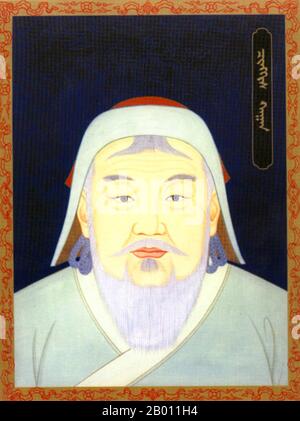 Mongolei: Dschingis Khan (r. 1206-1227), 1. Khagan des mongolischen Reiches, 20. Jahrhundert. Dschingis Khan (1162–1227), Borjigin Temujin geboren, war der Gründer, Khan (Herrscher) und Khagan (Kaiser) des mongolischen Reiches, das nach seinem Tod zum größten zusammenhängenden Reich der Geschichte wurde. Er kam an die Macht, indem er viele der nomadischen Stämme Nordostasiens vereinte. Nach der Gründung des mongolischen Reiches und der Proklamation "Dschingis Khan" begann er die mongolischen Invasionen, die letztlich zur Eroberung des größten Teil Eurasiens führen würden. Stockfoto