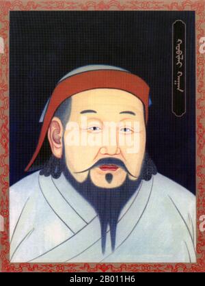 Mongolei/China: Kublai Khan (r.1260-1294), 5. Khagan des mongolischen Reiches. Gründer und erster Yuan-Kaiser Shizu, 20. Jahrhundert. Kublai (oder Khubilai) Khan (Pinyin: Hūbìliè, (23. September 1215 – 18. Februar 1294) war der fünfte große Khan des mongolischen Reiches von 1260 bis 1294 und der Gründer der Yuan-Dynastie in Ostasien. Als zweiter Sohn von Tolui und Sorghaghtani Beki und Enkel von Dschingis Khan erhielt er den Titel Khagan des Ikh Mongol ULS (mongolisches Imperium). Stockfoto