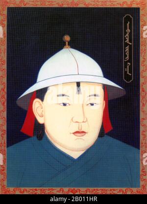 Mongolei: Agbarjin (Agvarjin) Khan, temporärer khagan der Nördlichen Yuan-Dynastie (r. 1454), 20. Jahrhundert. Agbarjin (Agvarjin) Jonon oder Akbarjin Jonon (1423-1454) war ein khagan-Kläger der vierundvierzig der Mongolei. Er war ein jüngster Bruder von Tayisung Khagan Toghtoa Bukha, den er auf Geheiß der Oiraten verriet und stürzte und 1454 kurz Khagan wurde. Die Oiraten verrieten und ermordeten ihn dann prompt, da sie ihn für nicht vertrauenswürdig glaubten, da er sich gegen seinen eigenen Bruder gewandt hatte. Stockfoto