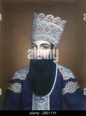 Iran: Mohammad Ali Mirza Dowlatshah (1789-1821), 19. Jahrhundert. Mohammad Ali Mirza Dowlatshah (1789-1821) war ein berühmter persischer Prinz der Qajar Dynastie. Er ist auch der Stammvater der Dowlatshahi-Familie aus Persien. Er wurde in Mazandaran, einer kaspischen Provinz im Norden des Iran, geboren. Er war der erste Sohn des Fath Ali Shah, des zweiten Qajar-Königs von Persien, und Ziba Chehr Khanoum, einer adligen georgischen Frau. Er war auch der ältere Bruder von Abbas Mirza. Dowlatshah war im Alter von 9 Jahren Gouverneur von Fars, Qazvin und Gilan im Alter von 11 Jahren, Khuzestan und Lorestan im Alter von 16 Jahren und Kermanshah im Alter von 19 Jahren. Stockfoto