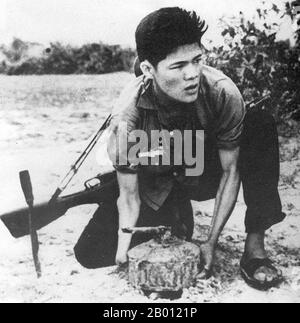 Vietnam: Eine NLF-Guerilla posiert, indem sie eine Landmine für ein Propagandafoto legt, c. 1966. Der Vietcong oder die Nationale Front zur Befreiung Südvietnams (NLF) war eine politische Organisation und Armee in Südvietnam und Kambodscha, die während des Vietnamkrieges (1955–1975) gegen die Regierungen der Vereinigten Staaten und Südvietnams kämpfte. Sie hatte sowohl Guerilla- als auch reguläre Armeeeinheiten, sowie ein Netzwerk von Kadern, die Bauern in dem von ihr kontrollierten Gebiet organisierten. Viele Soldaten wurden in Südvietnam rekrutiert, aber andere waren der Volksarmee Vietnams (PAVN) angeschlossen. Stockfoto