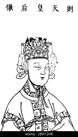 China: Wu Zetian (624-705), Kaiserin der Zhou-Dynastie (690-705). Wu Zetian (624-705), der persönliche Name Wu Zhao, der während der Tang Dynastie oft als Tian Hou und später als Kaiserin Consort Wu bezeichnet wurde, war die einzige Frau in der Geschichte Chinas, die den Titel Kaiserin Regnant annahm. Als De-facto-Herrscherin von China zuerst durch ihren Mann und ihre Söhne von 665 bis 690, was in der chinesischen Geschichte nicht beispiellos war, brach sie dann alle Präzedenzfälle, als sie 690 ihre eigene Dynastie gründete, die Zhou (Unterbrechung der Tang-Dynastie), Und regierte persönlich unter dem Namen Heilige und Göttliche Kaiserin Regnant. Stockfoto