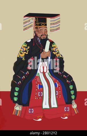 China: Kaiser Yongle, 3. Herrscher der Ming-Dynastie (r. 1402-1424). Hängende Schriftrolle, 15.-17. Jahrhundert. Der Yongle-Kaiser (1360-1424), persönlicher Name Zhu Di und Tempelname Chengzu, war der dritte Kaiser der Ming-Dynastie. Sein Name aus der chinesischen Ära Yongle bedeutet „Ewiges Glück“. Er wurde Kaiser, indem er sich verschwörte, den Thron von seinem Neffen, dem Jianwen-Kaiser, zu usurpieren. Er verlegte die Hauptstadt von Nanjing nach Peking, wo sie sich in den folgenden Generationen befand, und baute dort die Verbotene Stadt. Stockfoto