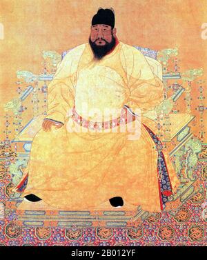 China: Kaiser Xuande, 5. Herrscher der Ming-Dynastie (r. 1425-1435). Hängende Schriftrolle, 15.-17. Jahrhundert. Der Kaiser Xuande (1399-1435), persönlicher Name Zhu Zhani und Tempelname Xuanzong, war der 5. Kaiser von Ming China. Sein Zeitname bedeutet "Verkündigung der Tugend". Der Kaiser von Xuande regierte über eine bemerkenswert friedliche Zeit ohne nennenswerte äußere oder innere Probleme. Spätere Historiker betrachten seine Herrschaft als das goldene Zeitalter der Ming-Dynastie. Stockfoto