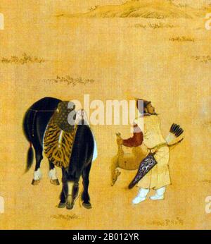 China: Kaiser Xuande, 5. Herrscher der Ming-Dynastie (r. 1425-1435), Jagd mit Pfeil und Bogen. Handscroll Malerei, c. 1425-1435. Der Kaiser Xuande (1399-1435), persönlicher Name Zhu Zhani und Tempelname Xuanzong, war der 5. Kaiser von Ming China. Sein Zeitname bedeutet "Verkündigung der Tugend". Der Kaiser von Xuande regierte über eine bemerkenswert friedliche Zeit ohne nennenswerte äußere oder innere Probleme. Spätere Historiker betrachten seine Herrschaft als das goldene Zeitalter der Ming-Dynastie. Stockfoto