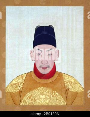 China: Kaiser Zhengde (27. Oktober 1491 - 20. April 1521), 11. Herrscher der Ming-Dynastie (r. 1505-1521). Hängende Schriftrolle, 16.-17. Jahrhundert. Der Kaiser Zhengde (1491-1521), der persönliche Name Zhu Houzhao und der Tempelname Wuzong, war der 11. Kaiser der Ming-Dynastie. Sein Zeitname bedeutet „Berichtigung der Tugend“. Zhengde vernachlässigte seine kaiserlichen Pflichten gründlich und begann einen gefährlichen Trend, der zukünftige Ming-Kaiser plagen würde. Das Aufgeben der offiziellen Pflichten für persönliche Freuden würde langsam zum Aufstieg mächtiger Eunuchen führen, die zum Fall der Ming-Dynastie führten. Stockfoto