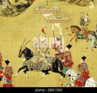 China: „der Weg des Imperators“. Detail von Seide Handscroll Malerei, c. 1425-1435. Ein Panorama-Handscrollbild zeigt den chinesischen Kaiser Xuande (r. 1425-1435), die mit einer riesigen Kavallerieeskorte und einer Elefantenkutsche zu den Gräbern der Ming-Dynastie reisen. Der Kaiser von Xuande wurde in zeitgenössischen Hofbildgemälden dargestellt; der Kaiser von Xuande ist in der rechten Hälfte auf einem schwarzen Ross zu sehen und trägt einen plumperten Helm. Er unterscheidet sich von seinem Gefolge von Leibwächtern als ungewöhnlich hohe Figur. Stockfoto