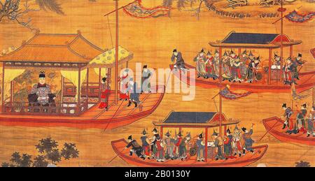 China: Kaiser Jiajing (16. September 1507 - 23. Januar 1567), 12. Herrscher der Ming-Dynastie (r. 1521-1567), auf seinem Staatskahn. Detail der Handlauf Malerei, c. 1538. Der Jiajing-Kaiser (1507-1567), persönlicher Name Zhu Houcong und Tempelname Shizong, war der Kaiser der 12. Ming-Dynastie. Sein Zeitname bedeutet „bewunderungswürdige Ruhe“. Nach 45 Jahren auf dem Thron (der zweitlängsten Herrschaft in der Ming-Dynastie) starb Kaiser Jiajing 1567 – möglicherweise aufgrund einer Quecksilberüberdosis – und wurde von seinem Sohn, dem Kaiser Longqing, abgelöst. Seine Vernachlässigung der offiziellen Pflichten führte zum Niedergang der Dynastie. Stockfoto