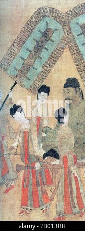 China: „Kaiser Taizong gibt Ludongzan, dem Botschafter Tibets, eine Audienz“. Handscroll-Gemälde von Yan Liben (600-673), 641 u.Z. Kaiser Taizong von Tang (23. Januar 599 – 10. Juli 649), mit persönlichem Namen Li Shimin, war der zweite Kaiser der Tang Dynastie in China und regierte von 626 bis 649. Er wird gemeinsam mit Kaiser Gaozu feierlich als Mitbegründer der Dynastie angesehen. Er gilt in der Regel als einer der größten, wenn nicht gar der größten Kaiser der chinesischen Geschichte, seine Herrschaft galt als das beispielhafte Modell, an dem alle anderen gemessen wurden. Seine Ära galt als goldenes Zeitalter. Stockfoto