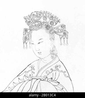 China: Wu Zetian (17. Februar 624 bis 16. Dezember 705), Kaiserin der Zhou-Dynastie (r.690-705). Hochformat, c. 18. Jahrhundert. Die Kaiserin Wu, der persönliche Name Wu Zhao, wurde während der Tang Dynastie oft als Tian Hou und später als Kaiserin Consort Wu bezeichnet, war die einzige Frau in der Geschichte Chinas, die den Titel Kaiserin Regnant annahm. Sie war de facto Herrscher über China zuerst durch ihren Mann, den Kaiser Gaozong, und dann durch ihre Söhne, die Kaiser Zhongzong und Ruizong von 665 bis 690. Als sie 690 ihre eigene Dynastie gründete, die Zhou-Dynastie, brach sie alle Präzedenzfälle. Stockfoto