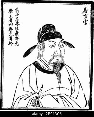 China: Kaiser Xuanzong (Li Longji, 8. September 685-3, Mai 762), 9. Herrscher der Tang Dynastie (r. 712-756). Hochformat, c. 18. Jahrhundert. Kaiser Xuanzong von Tang, auch bekannt als Kaiser Ming von Tang (Tang Minghuang), persönlicher Name Li Longji, bekannt als Wu Longji, war der siebte Kaiser der Tang-Dynastie in China. Seine Herrschaft von 43 Jahren war die längste in der Tang Dynastie. In der frühen Hälfte seiner Regierungszeit war er ein fleißiger und scharfer Herrscher, der von fähigen Kanzlern wie Yao Chong und Song Jing gekonnt unterstützt wurde und ihm zugeschrieben wurde, dass er Tang China zu einem Höhepunkt der Kultur und Macht brachte. Stockfoto