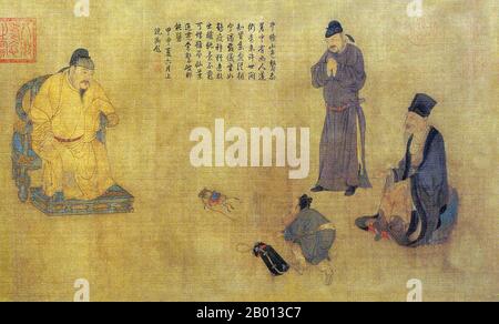 China: „Zhang Guo hat eine Audienz bei Kaiser Tang Xuanzong“. Handscroll-Gemälde von Ren Renfa (1254–1327), Ende 13. - Anfang 14. Jahrhundert. Kaiser Xuanzong von Tang (8. September 685-3. Mai 762), auch bekannt als Kaiser Ming von Tang (Tang Minghuang), persönlicher Name Li Longji, bekannt als Wu Longji, war der siebte Kaiser der Tang-Dynastie in China und regierte von 712 bis 756. Seine Herrschaft von 43 Jahren war die längste in der Tang Dynastie. In der frühen Hälfte seiner Regierungszeit war er ein fleißiger und scharfer Herrscher, der von fähigen Kanzlern wie Yao Chong und Song Jing gekonnt unterstützt wurde. Stockfoto