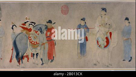 China: 'Yang Guifei auf einem Pferd'. Handscroll-Gemälde von Qian Xuan (1235-1305), Ende des 13. Jahrhunderts. Die Gemahlin Yang Yuhuan (1. Juni 719 – 15. Juli 756), oft als Yang Guifei bekannt (Guifei ist der höchste Rang für kaiserliche Gefährten), kurz unter dem taoistischen Nonnnamen Taizhen bekannt, war als eine der vier Schönheiten des alten China bekannt. Sie war die geliebte Gemahlin von Kaiser Xuanzong von Tang während seiner späteren Jahre. Während der Anshi-Rebellion, als Kaiser Xuanzong aus der Hauptstadt Chang'an nach Chengdu floh, wurde sie getötet, weil seine Wachen die Rebellion ihrem Cousin Yang Guozhong vorwarfen. Stockfoto