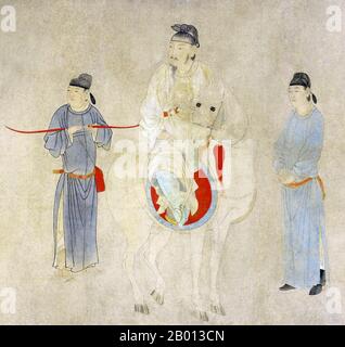 China: 'Yang Guifei auf einem Pferd'. Handscroll-Gemälde von Qian Xuan (1235-1305), Ende des 13. Jahrhunderts. Die Gemahlin Yang Yuhuan (1. Juni 719 – 15. Juli 756), oft als Yang Guifei bekannt (Guifei ist der höchste Rang für kaiserliche Gefährten), kurz unter dem taoistischen Nonnnamen Taizhen bekannt, war als eine der vier Schönheiten des alten China bekannt. Sie war die geliebte Gemahlin von Kaiser Xuanzong von Tang während seiner späteren Jahre. Während der Anshi-Rebellion, als Kaiser Xuanzong aus der Hauptstadt Chang'an nach Chengdu floh, wurde sie getötet, weil seine Wachen die Rebellion ihrem Cousin Yang Guozhong vorwarfen. Stockfoto