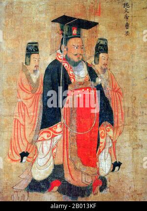 China: Kaiser Wen von Wei (187–226). Handscroll-Gemälde aus der „Schriftrolle der dreizehn Kaiser“ des Hofmalers Yan Liben aus der Tang-Dynastie (600-673), 7. Jahrhundert. Cao Pi (187. – 29. Juni 226), formell als Kaiser Wen von Wei bekannt, war der erste Kaiser des Staates Cao Wei während der Zeit der drei Königreiche der chinesischen Geschichte. Geboren im Landkreis Qiao, Pei Commandery (heute Bozhou, Anhui), war er der zweite Sohn des späten Han-Dynastie-Kriegsfürsten Cao Cao. Im Jahr 220 zwang Cao Pi Kaiser Xian, den letzten Herrscher der Han Dynastie, abzudanken und sich selbst zum Kaiser von Wei zu ernannten. Stockfoto