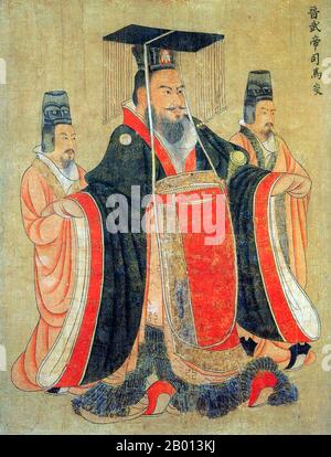 China: Kaiser Wu von Jin (236. - 17. Mai 290). Handscroll-Gemälde aus der „Schriftrolle der dreizehn Kaiser“ des Hofmalers Yan Liben aus der Tang-Dynastie (600-673), 7. Jahrhundert. Kaiser Wu von Jin (Chin Wu-ti), persönlicher Name Sīma Yan, war ein Enkel von Sima Yi, einem Sohn von Sima Zhao, und der erste Kaiser der Jin Dynastie (265-420), nachdem er Cao Wei Kaiser Cao Huan gezwungen hatte, sich von ihm abzudanken. Er regierte von 265 bis 290, und nachdem er Eastern Wu 280 zerstört hatte, war er der Kaiser des Vereinigten chinesischen Reiches. Kaiser Wu war für seine Extravaganz und Sinnlichkeit bekannt, besonders nach der Vereinigung Chinas. Stockfoto