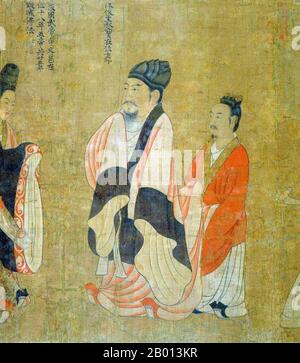 China: Kaiser Houzhu von Chen (553–60). Handscroll-Gemälde aus der „Schriftrolle der dreizehn Kaiser“ des Hofmalers Yan Liben aus der Tang-Dynastie (600-673), 7. Jahrhundert. Chen Shubao, oft bekannt als Houzhu von Chen, posthum Herzog Yang von Changcheng, Höflichkeitsname Yuanxiu und Spitzname Huangnu, war der letzte Kaiser der Chen Dynastie. Zum Zeitpunkt seines Aufstiegs stand Chen bereits vor dem militärischen Druck der Sui-Dynastie an mehreren Fronten, und nach Ansicht traditioneller Historiker war Chen Shubao ein inkompetenter Herrscher, der mehr an Literatur und Frauen als an den Angelegenheiten des Staates interessiert war. Stockfoto