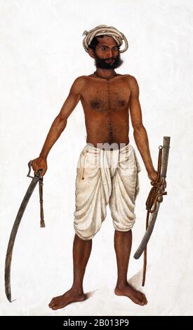 Indien: 'Kala mit gezogenem Säbel'. Aquarellmalerei, Delhi, ca. 1815-1816. East India Company Malerei im Auftrag der Brüder James und William Fraser in der Zeit um 1815. Dieser zeigt William Frasers Diener Kala mit gezogenem Säbel. Stockfoto