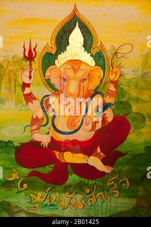 Thailand: Ganesh-Wandgemälde im Wat Phrathat Doi Kham, Chiang Mai. Wat Phrathat Doi Kham oder ‘Tempel des Goldenen Berges’, befindet sich in Tambon Mae Hia, etwa 10 km südlich der Altstadt von Chiang Mai, im schutze von Doi Suthep. Tempelrekorde behaupten, dass der Tempel über 1,300 Jahre ‘bis 687 u.Z.’ zurückreicht, während der Zeit vor LAN Na, als die Region von der einheimischen Animstin Lawa bewohnt wurde. Chiang Mai (was „neue Stadt“ bedeutet), manchmal auch als „Chiengmai“ oder „Chiangmai“ geschrieben, ist die größte und kulturell bedeutsamste Stadt im Norden Thailands. König Mengrai gründete die Stadt Chiang Mai im Jahr 1296. Stockfoto