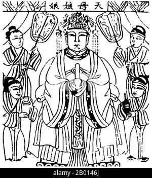China: Xiwangmu, die Königin der Mutter des Westens. Abbildung, c. 18.-19. Jahrhundert. Xiwangmu, die Königin der Mutter des Westens, ist eine Göttin der chinesischen Religion. Obwohl sie am häufigsten mit dem Daoismus verbunden ist, geht ihre Existenz und ihre Anbetung vor dem organisierten Daoismus zurück, wobei die Informationen auf orakelknocheninschriften aus dem 15. Jahrhundert v. Chr. zurückgehen. Man glaubt, dass sie die Spenderin für Langlebigkeit, Wohlstand und ewige Glückseligkeit ist. Xiwangmu, die Vorfahrin der weiblichen Unmoral, lebt in den Kunlun-Bergen. Alle Frauen, die Unsterblichkeit erlangt haben, stehen unter ihrer Herrschaft. Stockfoto