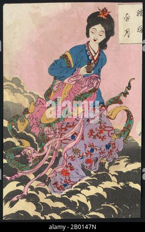 China/Japan: Die daoistische Gottheit Chang-e Stahl das Elixier der Unsterblichkeit. Ukiyo-e Holzschnitt von Taiso Yoshitoshi (1839-1892), 1880er. Chang'e, Ch'ang-O, Chang-NGO oder Sheung NGO, ursprünglich bekannt als Heng'e oder Heng-O, ist die chinesische Göttin des Mondes. Im Gegensatz zu vielen Mondgottheiten in anderen Kulturen, die den Mond personifizieren, lebt Chang'e nur auf dem Mond. Chang'e ist Gegenstand mehrerer Legenden in der chinesischen Mythologie, von denen die meisten einige der folgenden Elemente enthalten: Ihr Ehemann Houyi, der Bogenschütze, ein gütiger oder böswilliger Kaiser, ein Lebenselixier und tatsächlich der Mond. Stockfoto