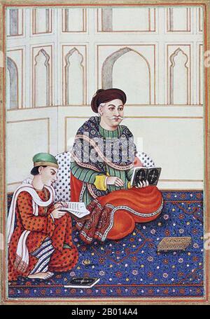 Indien: 'Ein Adliger von Khattri'. Miniaturbild von 'Kitab-i Tasrih Al-Aqvam (Geschichte des Ursprungs und Unterscheidungsmerkmale der verschiedenen Kasten Indiens' von Colonel James Skinner/Sikandar Sahib (1778-1841), Anfang des 19. Jahrhunderts. Die Khatri ist eine Kaste, die vor allem in der Punjab-Region Nordindiens und Pakistans gefunden wird. Katris war in der Vergangenheit Buchhalter, Banker, Beamte, Kaufleute, Schreiber, Händler und Lehrer. Sie sind ein integraler Bestandteil der alten Kshatriya-Kaste, an zweiter Stelle nur Brahmanen in der sozialen Hierarchie. Stockfoto