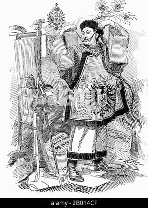 China: Der satirische Cartoon in Punch zeigt den deutschen Kaiser Wilhelm (r.1888-1918) als neuen chinesischen Kaiser nach der erzwungenen Abtretung von Qingdao durch China an Deutschland. Illustration, 15. Januar 1898. Die Konzession Kiautschou Bay war eine deutsche Kolonialkonzession im kaiserlichen China, die von 1898 bis 1914 existierte. Es hatte eine Fläche von 552 km2 und lag in der Nähe der Jiaozhou Bay an der Südküste der Halbinsel Shandong, die in der kaiserlichen Provinz Shandong im Norden Chinas lag. Jiaozhou wurde als Kiaochow, Kiauchau oder Kiao-Chau auf Englisch und Kiautschou oder Kiaochau auf Deutsch romanisiert. Stockfoto