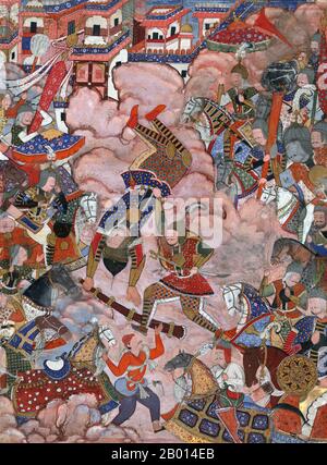 Indien: „die Schlacht von Mazandaran“, mit einer Szene aus dem Hamzanama, in der Khwajah 'Umar und Hamzah und ihre Armeen in heftigen Kämpfen gegeneinander antreten. Gouache und Goldmalerei, c. 1564-1579. Das Hamzanama oder Dastan-e-Amir Hamza (Abenteuer von Amir Hamza) erzählt von den mythischen Heldentaten von Amir Hamza, dem Onkel des Propheten des Islam. Der größte Teil der Geschichte ist äußerst phantasievoll, einprägsam vom ersten Moghul-Kaiser Babur beschrieben als: 'Eine lange weit hergeholt Lüge, im Gegensatz zu Sinn und Natur'. Doch die Hamzanama erwies sich als dauerhaft beliebt bei Baburs Enkel, dem dritten Moghul-Kaiser Akbar. Stockfoto