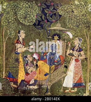 Indien: 'Krishna und die Milkmaids'. Gouache auf Papiermalerei aus einer Ragamala-Serie, um 1730. Ragmala oder Ragamala, wörtlich übersetzt eine "Girlande von Ragas, oder musikalische Melodien", besteht aus einer Reihe von Raga-musikalischen Kompositionen oder Modi. Dies hat auch zu einer Reihe von Ragamala-Gemälden geführt. Diese unterscheiden sich je nach Autor und Musikschule, aus der sie abgeleitet sind. So gibt es eine Reihe solcher Listen in den Musiktextbüchern Indiens. Stockfoto