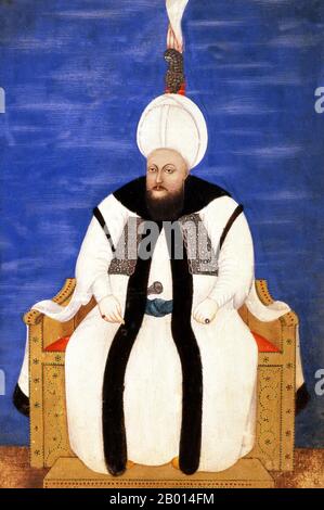 Türkei: Sultan Mustafa III (28. Januar 1717 – 21. Januar 1774). Miniaturmalerei, c. 1770er. Mustafa III. War von 1757 bis 1774 Sultan des Osmanischen Reiches. Er war ein Sohn von Sultan Ahmed III (1703–30) und wurde von seinem Bruder Abdul Hamid I. (1774–89) abgelöst. Mustafa III., ein energischer und scharfsinnlicher Herrscher, versuchte, die Armee und die innere Staatsmaschinerie zu modernisieren, um sein Reich mit den Großmächten Europas in Einklang zu bringen. Leider war der osmanische Staat so weit zurückgegangen, dass alle allgemeinen Modernisierungsversuche nur ein Tropfen auf den heißen Stein waren. Stockfoto