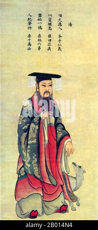 China: König Cheng Tang von Shang (ca. 1675 v. Chr.-1646 v. Chr.), 1. König der Shang Dynastie. Hängende Schriftrolle Gemälde von Ma Lin (1180-1256), c. 1225-1256. Cheng Tang, persönlicher Name Zi Lu und auch als Da Yi bekannt, war der erste König der Shang Dynastie. In den letzten Tagen der Xia Dynastie, als Shang eines von vielen Vasallenreichen der Xia Dynastie war, stieg er an die Macht. Er stürzte den grausamen Kaiser Jie und gründete die Shang Dynastie. Seine Regierungszeit wurde als gut angesehen, mit gesenkten Steuern und geringeren Wehrpflichtgebühren für Soldaten. Stockfoto