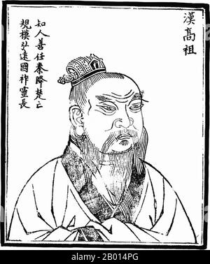 China: Kaiser Gaozu (256 v. Chr. – 1. Juni 195 v. Chr.), Gründer und erster Herrscher der westlichen Han-Dynastie (r. 206-195 BCE). Abbildung, c. 1498. Kaiser Gaozu (Wade-Giles: Kao Tsu), Tempelname Taizu und persönlicher Name Liu Bang, war der erste Kaiser der Han Dynastie. Liu war einer der wenigen dynastischen Gründer in der chinesischen Geschichte, der aus der Bauernklasse hervorging (ein weiteres wichtiges Beispiel war Zhu Yuanzhang aus der Ming-Dynastie). In der frühen Phase seines Aufstiegs wurde Liu als „Herzog von Pei“ angesprochen, was sich auf seine Heimatstadt des Kreises Pei bezieht. Ihm wurde auch der Titel „König von Han“ verliehen. Stockfoto