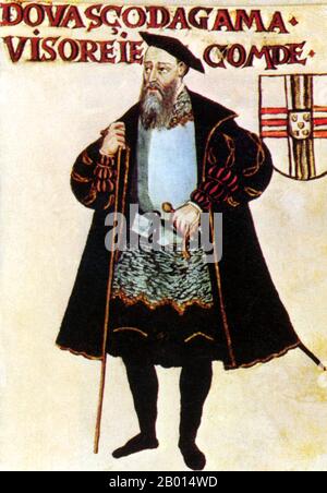 Portugal/Indien: Vasco da Gama (1460/1469. – 24. Dezember 1524), portugiesischer Entdecker und Navigator, mit seinem Wappen. Porträtmalerei, c. 1565. Vasco da Gama war ein portugiesischer Entdecker, einer der erfolgreichsten im Zeitalter der Entdeckung, und Kommandant der ersten Schiffe, die direkt von Europa nach Indien segelten. Unter König Manuel I. entdeckte Portugal 1500 Brasilien. In der Zwischenzeit setzte da Gama am 8. Juli 1497 von Lissabon aus mit einer Flotte von vier Schiffen und 170 Mann in See. Er segelte um das Kap der Guten Hoffnung und landete schließlich am 20. Mai 1498 in Calicut, Indien. Stockfoto