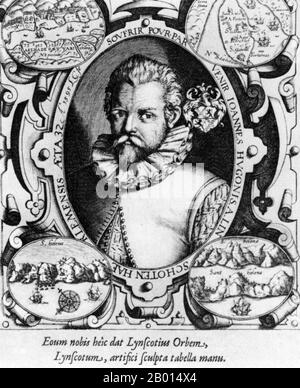 Niederlande/Ostindien: Jan Huyten van Linschoten (1563. - 8. Februar 1611), ein mittelalterlicher ‘„Wikileaker“, der portugiesische Seekarten kopierte und in Holland veröffentlichte. Gravur, c. 17. Jahrhundert. Jan Huyghen van Linschoten war ein holländischer protestantischer Kaufmann, Reisender und Historiker, dem es zugeschrieben wird, streng geheime portugiesische Seekarten zu kopieren, während er in den 1580er Jahren als Sekretär für den portugiesischen Erzbischof von Goa arbeitete. Er veröffentlichte mehrere Bücher in Holland, die es ermöglichten, den englischen und holländischen Engländern den Seeweg nach Ostindien zu öffnen und damit das portugiesische Monopol zu brechen Stockfoto