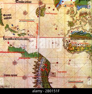 Spanien/Portugal: Alberto Cantino's (fl. Karte aus dem 15.-16. Jahrhundert) von 1502 zeigt die Meridianlinie im Atlantik, die spanisches Gebiet (westlich der Linie) von portugiesischen Besitzungen (Osten) abgrenzt. Unter der Aufsicht des in Spanien geborenen Papstes Alexander VI. Teilte der Vertrag von Tordesillas im Jahr 1494 die Welt in zwei Hälften - in spanische und portugiesische Gebiete. Nach dem Erfolg des portugiesischen Seefahrers Vasco da Gama bei der Entdeckung einer Seeroute um Afrika nach Indien im Jahr 1498 beauftragte König Manuel I. Pedro Alvares Cabral mit der Führung einer zweiten Reise von 13 Schiffen und 1,500 Mann nach Indien. Stockfoto
