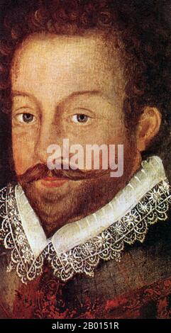 Großbritannien: Sir Francis Drake (1540-1596), Admiral und erster Engländer, der um die Welt segelte. Öl auf Tafelmalerei, c. 1583. Vizeadmiral Sir Francis Drake war ein englischer Seekapitän, Freibeuter, Umschiffer, Sklavenmeister, ein renommierter Pirat und Politiker der elisabethanischen Ära. Elizabeth I. von England verlieh Drake 1581 die Ritterschaft. Er war 1588 Zweiter der englischen Flotte gegen die spanische Armada, die nur Charles Howard und der Königin selbst unterstellt war. Er starb im Januar 1596 an Ruhr, nachdem er San Juan, Puerto Rico, erfolglos angegriffen hatte. Stockfoto