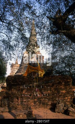 Thailand: Ruinierter Chedi hinter Wat Phra Si Sanphet, Ayutthaya Historical Park. Wat Phra Si Sanphet wurde um 1448 während der Herrschaft von König Borommatrailokanat, auch bekannt als Somdet Phra Ramesuan Boromma Trailokanat Bopit (1431–1488), der von 1448 bis 1488 König von Ayutthaya war, erbaut. Ayutthaya (Ayudhya) war ein siamesisches Königreich, das von 1351 bis 1767 existierte. Ayutthaya war gegenüber ausländischen Händlern freundlich, darunter Chinesen, Vietnamesen (Annamesen), Inder, Japaner und Und später die Portugiesen, Spanier, Holländer und Franzosen, die es ihnen ermöglichten, Dörfer außerhalb der Stadtmauern zu bauen. Stockfoto