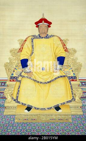 China: Nurhaci (21. Februar 1559 – 30. September 1626), 1. Khan der späteren Jin-Dynastie. Hängende Schriftrolle Malerei, 17. Jahrhundert. Nurhaci/Nurhachi, Tempelname Taizu, war ein wichtiger Jurchen-Häuptling, der im späten 16. Jahrhundert im heutigen Nordostchina zu Ansehen kam. Nurhaci gehörte zum Aisin Gioro Clan und war der gründungskhan der späteren Jin Dynastie, die von 1616 bis 1626 regierte. Nurhaci organisierte und vereinigte verschiedene Jurchen-Stämme, konsolidierte das Achtbanner-Militärsystem und startete schließlich einen Angriff auf die chinesische Ming-Dynastie und die koreanische Joseon-Dynastie. Stockfoto