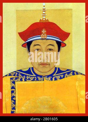 China: Shunzhi, 3. Qing-Kaiser (15. März 1638 – 5. Februar 1661). Hängende Schriftrolle Malerei, 17. Jahrhundert. Der Shunzhi-Kaiser, Geburtsname Fulin und Tempelname Shizu, war der dritte Kaiser der mandschu-geführten Qing-Dynastie und offiziell der erste Qing-Kaiser, der von 1644 bis 1661 über China regierte. Nach dem Tod seines Vaters Hong Taiji bestieg er im Alter von fünf Jahren (sechs nach der traditionellen chinesischen Altersrechnung) 1643 den Thron, doch die eigentliche Macht lag in den Händen der ernannten Regenten, der Fürsten Dorgon und Jirgalang. Stockfoto