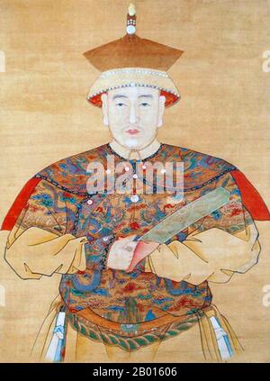 China: Shunzhi, 3. Qing-Kaiser (15. März 1638 – 5. Februar 1661). Hängende Schriftrolle Malerei, 17. Jahrhundert. Der Shunzhi-Kaiser, Geburtsname Fulin und Tempelname Shizu, war der dritte Kaiser der mandschu-geführten Qing-Dynastie und offiziell der erste Qing-Kaiser, der von 1644 bis 1661 über China regierte. Nach dem Tod seines Vaters Hong Taiji bestieg er im Alter von fünf Jahren (sechs nach der traditionellen chinesischen Altersrechnung) 1643 den Thron, doch die eigentliche Macht lag in den Händen der ernannten Regenten, der Fürsten Dorgon und Jirgalang. Stockfoto