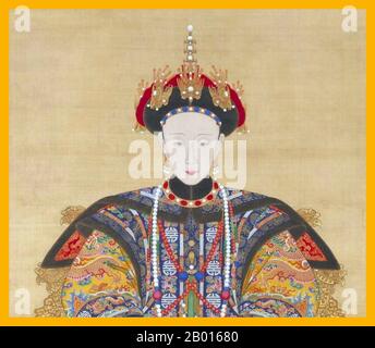 China: Kaiserin Xiao Shu Rui (2. Oktober 1760 - 5. März 1797), erste Kaiserin Consort des Jiaqing-Imperators. Handscroll Malerei, c. 1796-1797. Kaiserin Xiaoshurui war die erste Kaiserin-Gemahlin des Jiaqing-Imperators der Qing-Dynastie. Aus dem Hitara-Clan des weißen Banners der Mandschu-Ebene stammend, heiratete Lady Hitara Yongyan (den zukünftigen Jiaqing-Kaiser) im Jahr 1774, während der Herrschaft des Qianlong-Imperators. Sie wurde 1796 Kaiserin, als der Kaiser Qianlong zugunsten Yongyans abdankte, aber sie starb ein Jahr später. Ihr Sohn Minning wurde 1820 Kaiser Daoguang. Stockfoto